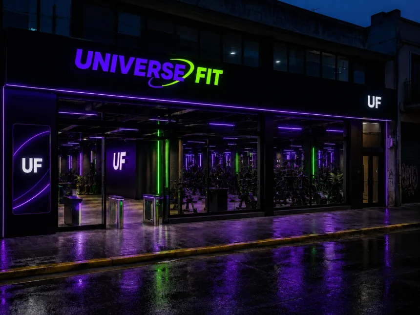 Fachada iluminada de Universe Fit de noche