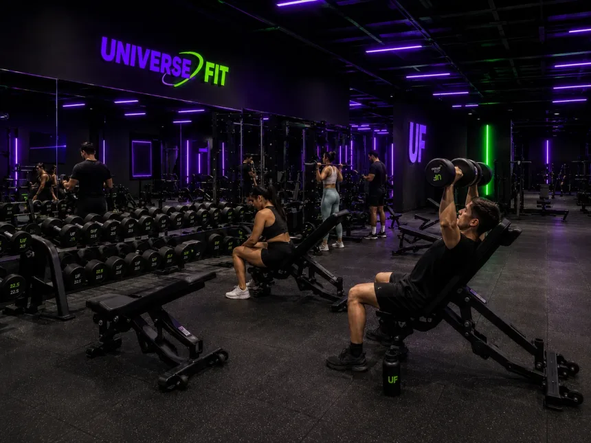 Zona de peso libre con mancuernas y bancos de entrenamiento