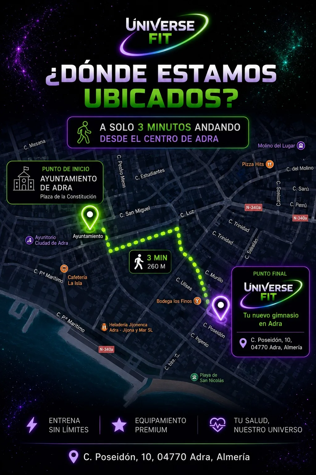 Mapa de ubicación de Universe Fit en C. Poseidón 10, a 3 minutos andando desde el centro de Adra